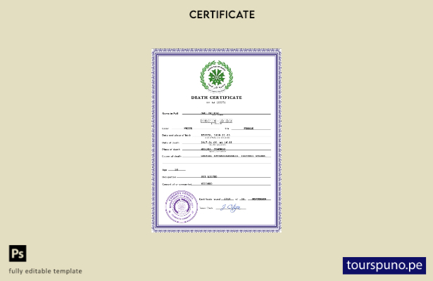 listo para imprimir plantilla PSD de certificado de defunción de Comoras